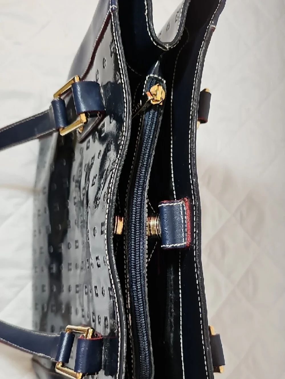 Arcadia Navy Patent Shoulder Tote with Gold Hardware - Picture 6 of 15